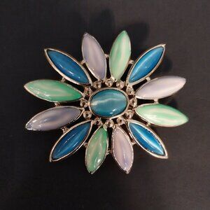 Vintage Liz Claiborne Enamel Flower Brooch Pin Blue Green Silver Tone